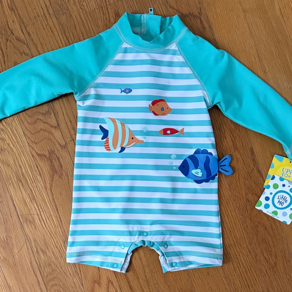 Little Me Turquoise and White Striped Kids Swim Rashguard   NWT